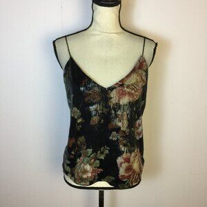New! Dynamite Camisole Top M Womans Black Floral Sequins Lace Trim V-neck